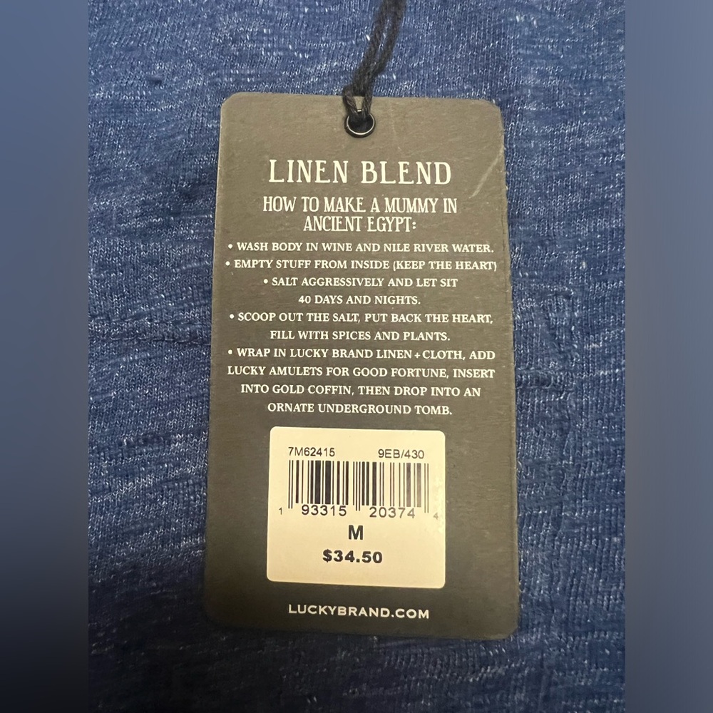 Lucky Brand Linen Blend Blue Short Sleeve Men’s T- Shirt Sz M - Picture 4 of 7